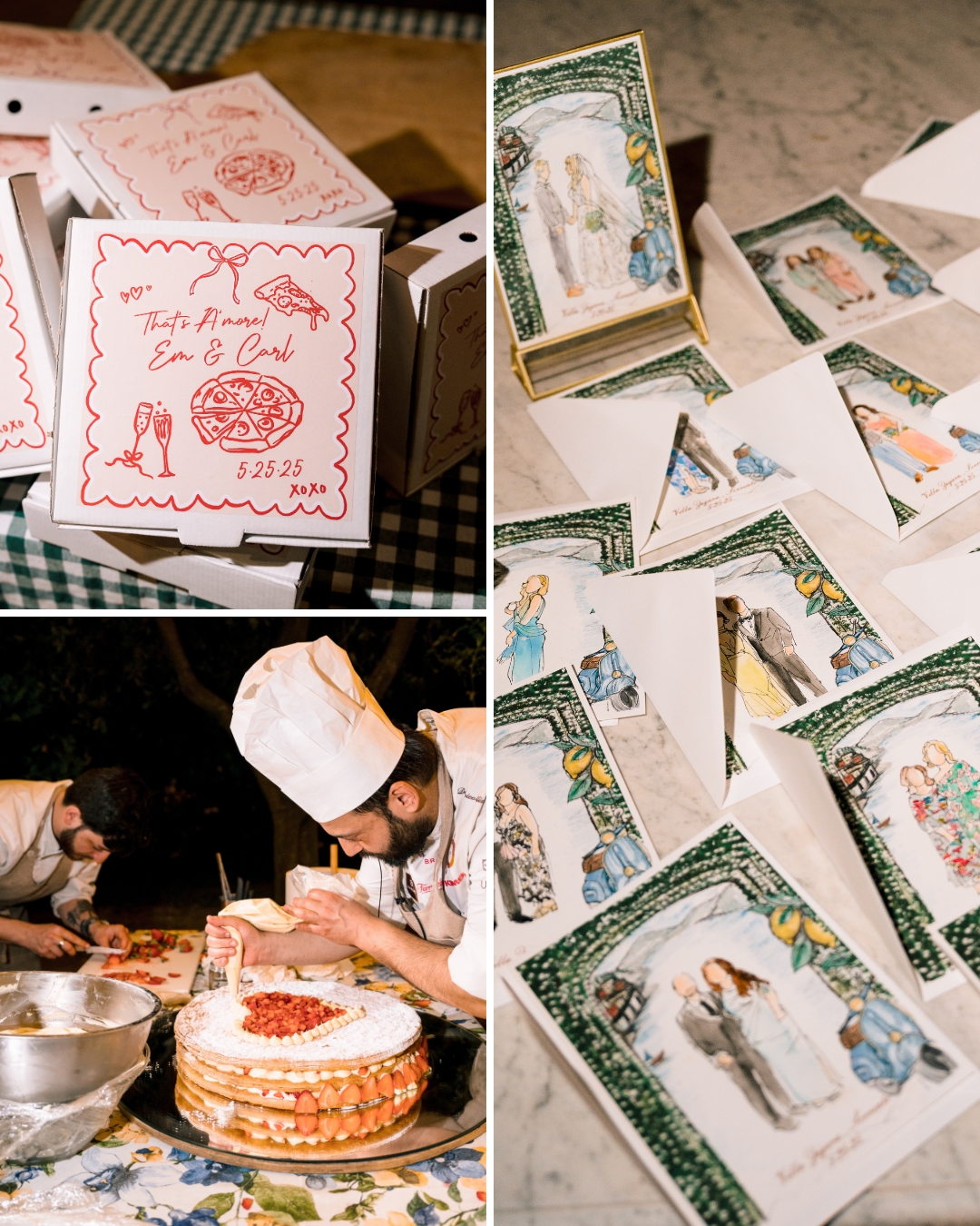 Collage showing decorated pastry boxes, illustrated invitation cards, and chefs assembling a layered cake at an event.