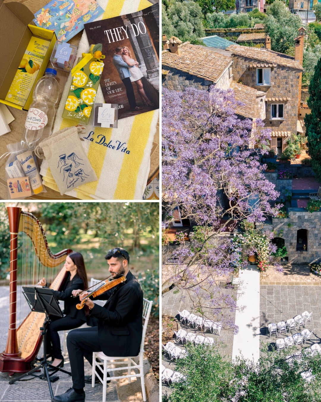 A collage showing event prep items, a rustic house with purple flowering tree, and two musicians performing outdoors with chairs arranged for an audience.