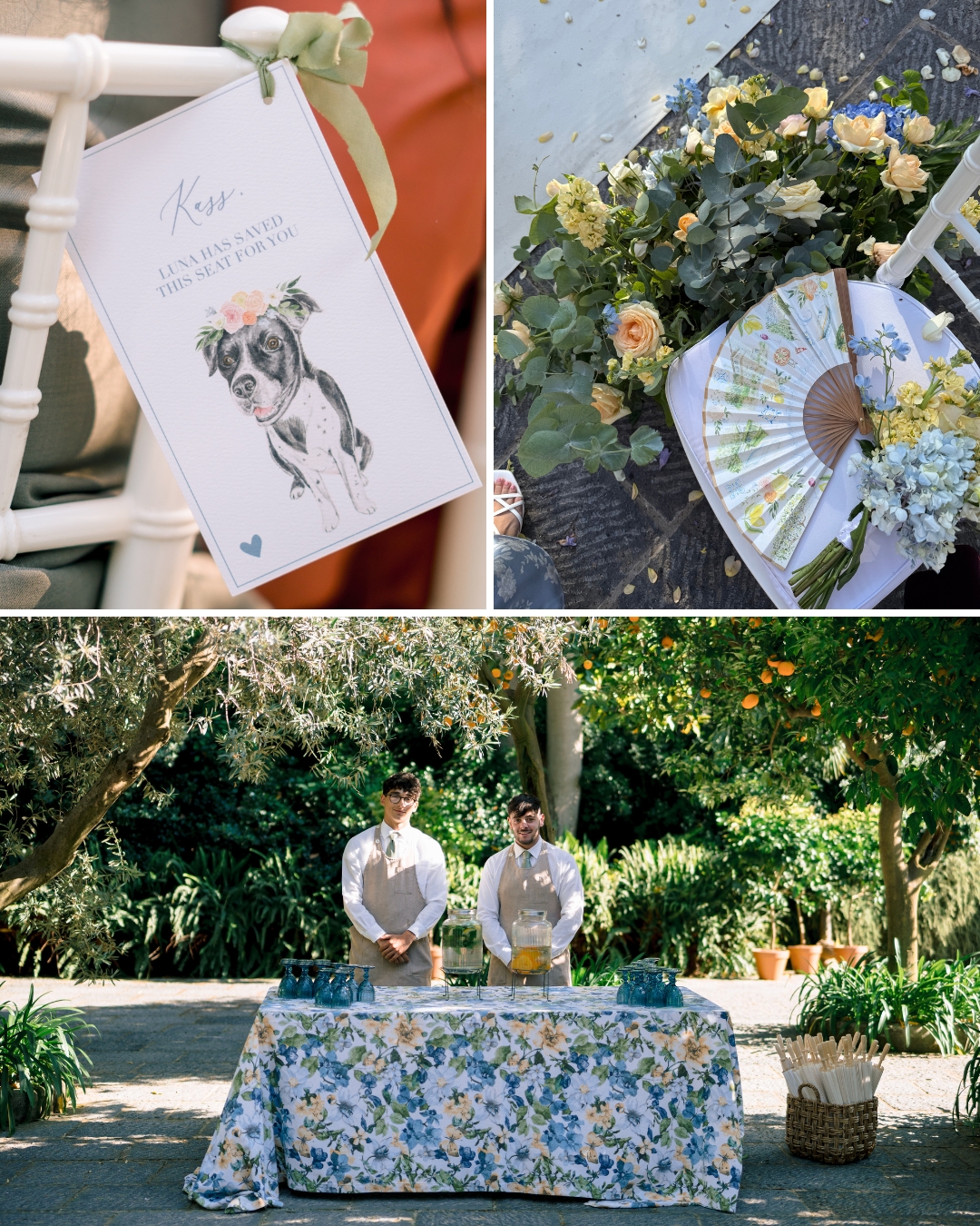 Collage shows a wedding program with a dog illustration, a floral arrangement with a fan on a chair, and two people standing behind a flower-covered table outdoors.