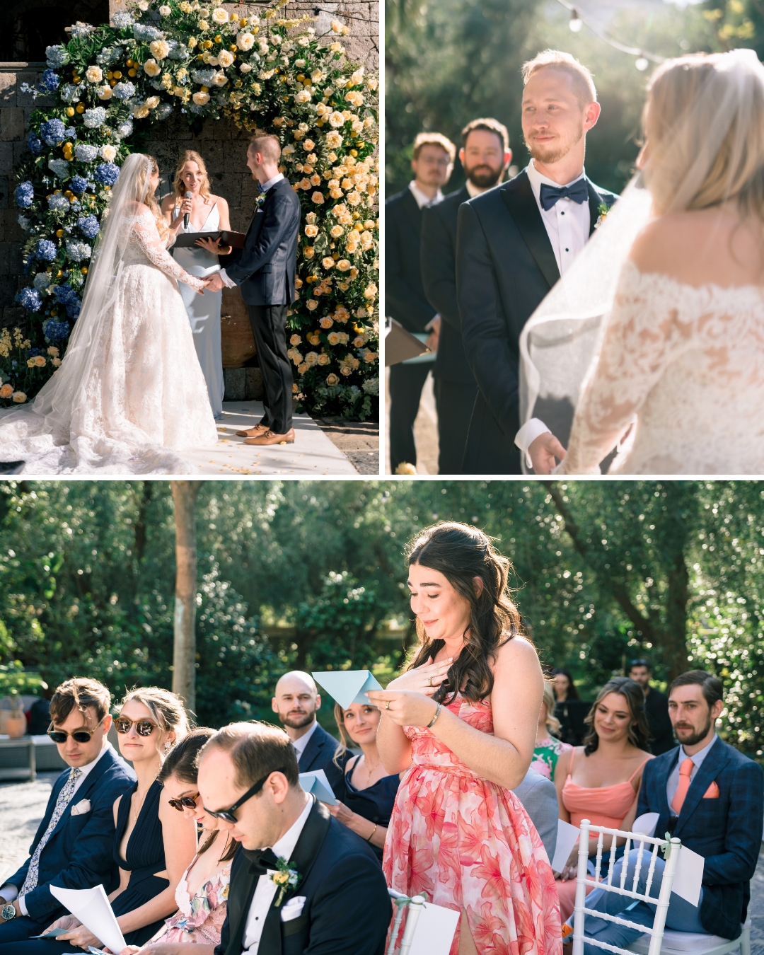 A bride and groom exchange vows under a flower arch, with guests seated outdoors. A woman in a floral dress stands and speaks during the ceremony.