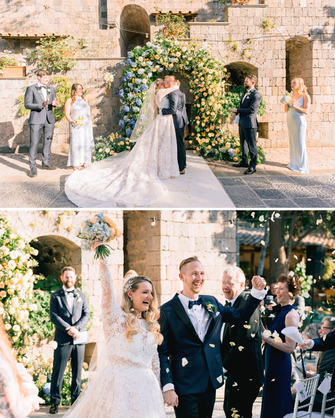 A bride and groom celebrate their outdoor wedding ceremony, surrounded by their wedding party and guests, with floral decorations in the background.