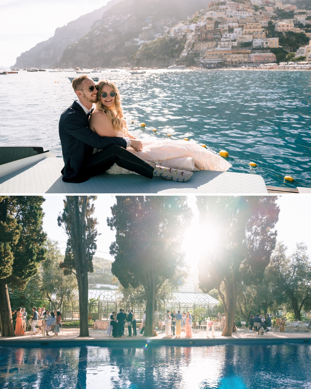 A couple sits by the water with coastal cliffs in the background; below, guests mingle near a pool surrounded by trees in bright sunlight.