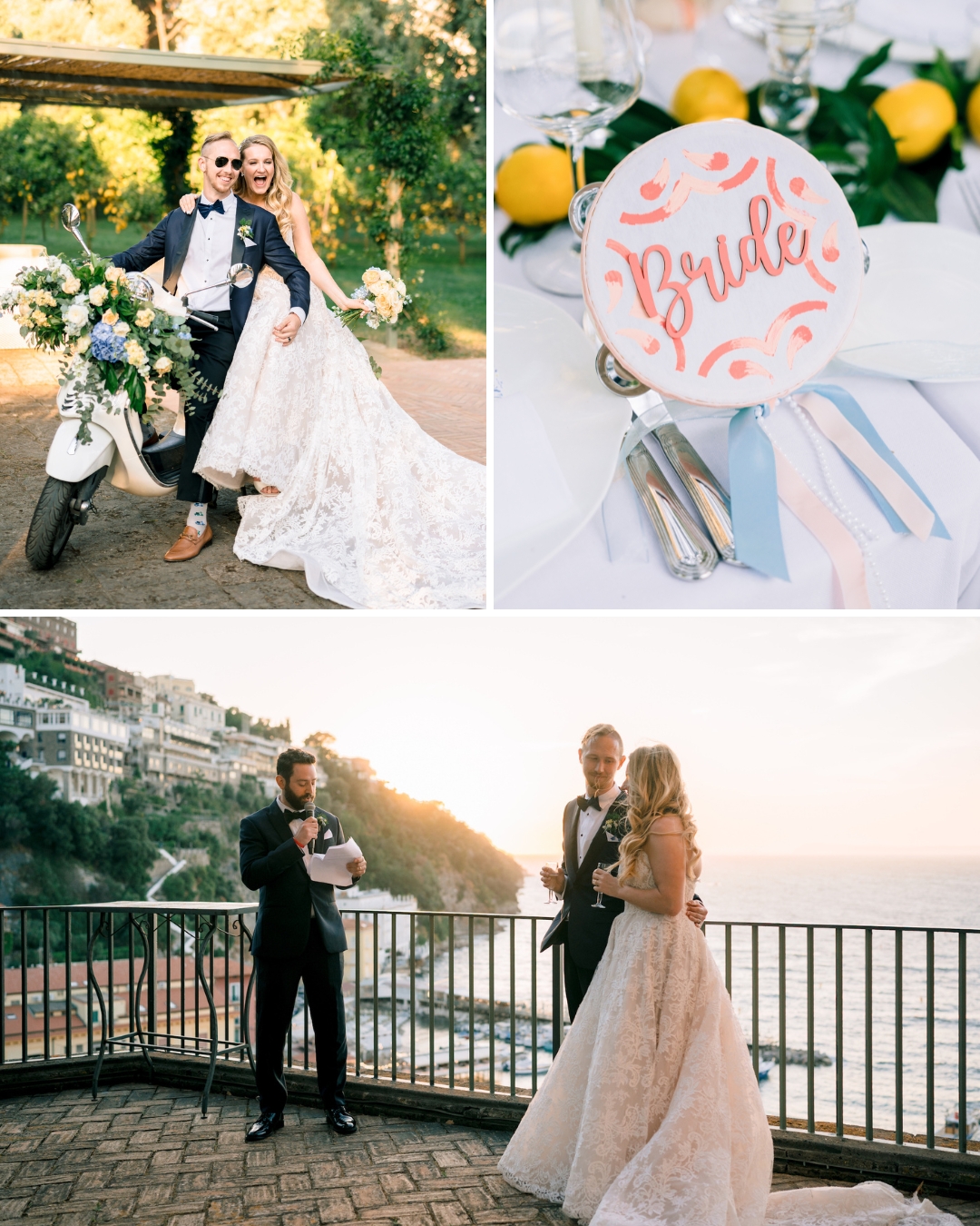 Bride and groom pose with a scooter, a table setting with a plate labeled “Bride,” and a couple standing on a terrace overlooking the sea at sunset during their wedding.