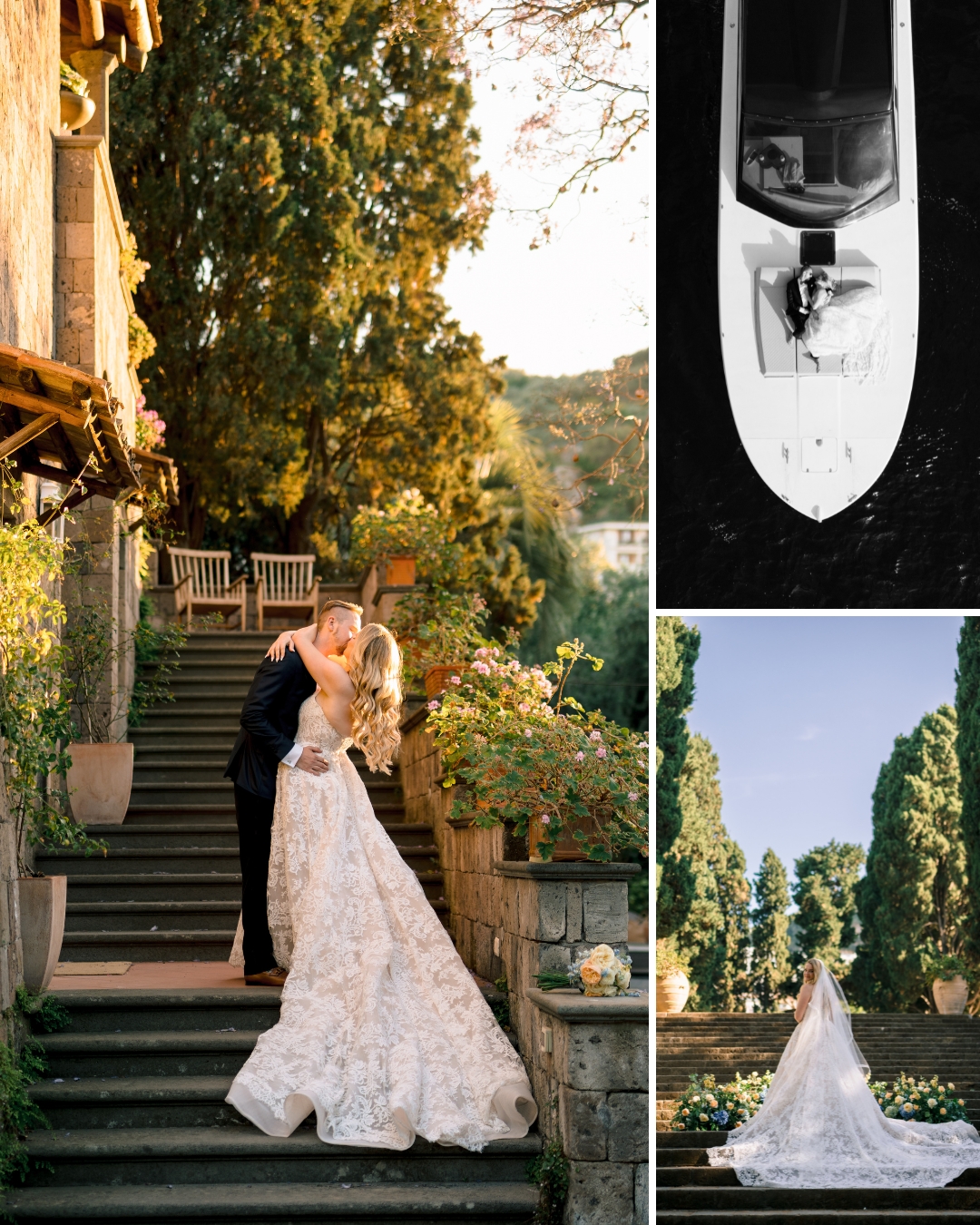 A bride and groom pose on outdoor stone steps; adjacent images show the bride’s gown outdoors and the couple on a small boat.