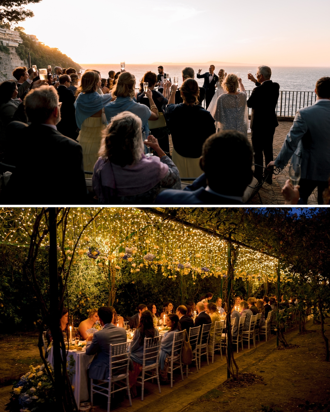 Two images: A group watches a sunset speech outdoors by the sea; below, people dine at a long table under string lights in a garden setting.