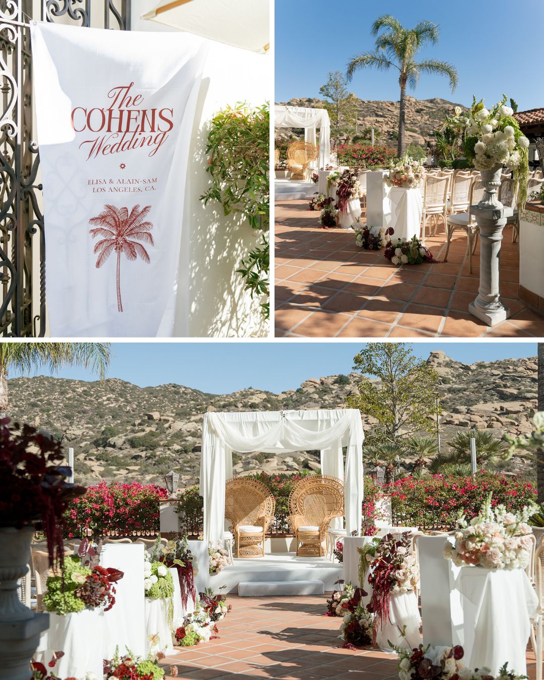 Outdoor wedding setup with white drapery, floral arrangements, two chairs under a canopy, and a sign that reads “The Cohens Wedding” with a palm tree illustration.