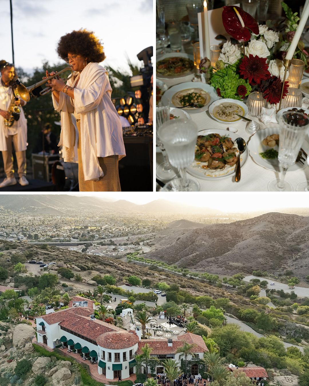 A collage shows a musician performing, an elegant table setting with food and candles, and an aerial view of a large estate surrounded by hills.