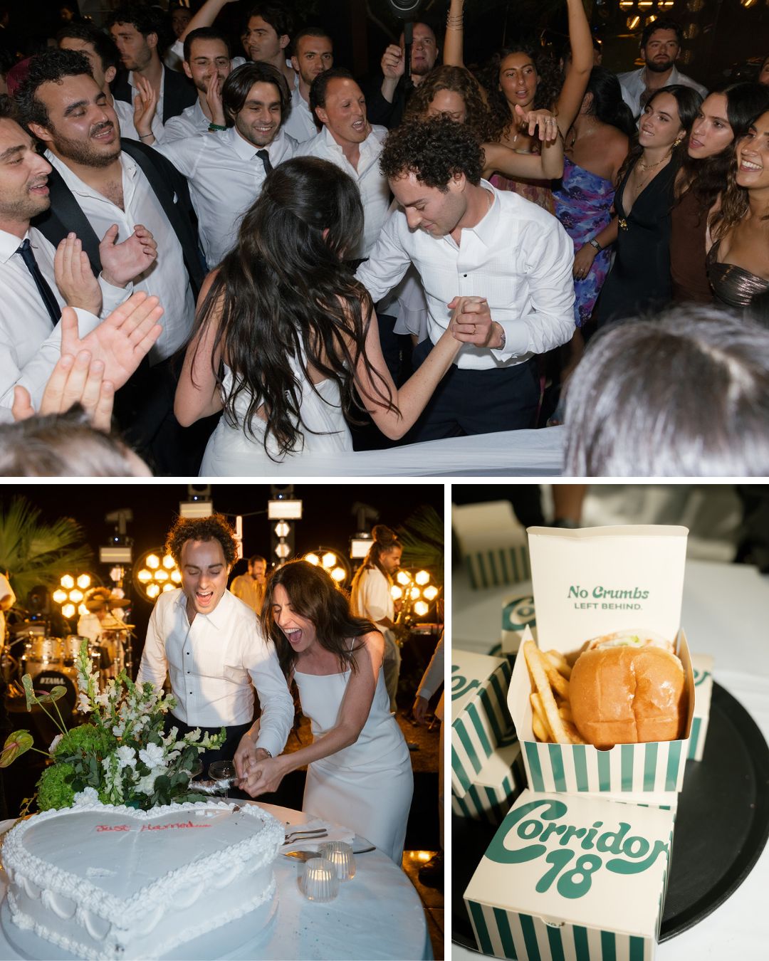 A couple celebrates with a crowd, cuts a cake together, and a tray of burgers and fries with “Corrido 18” packaging is shown.