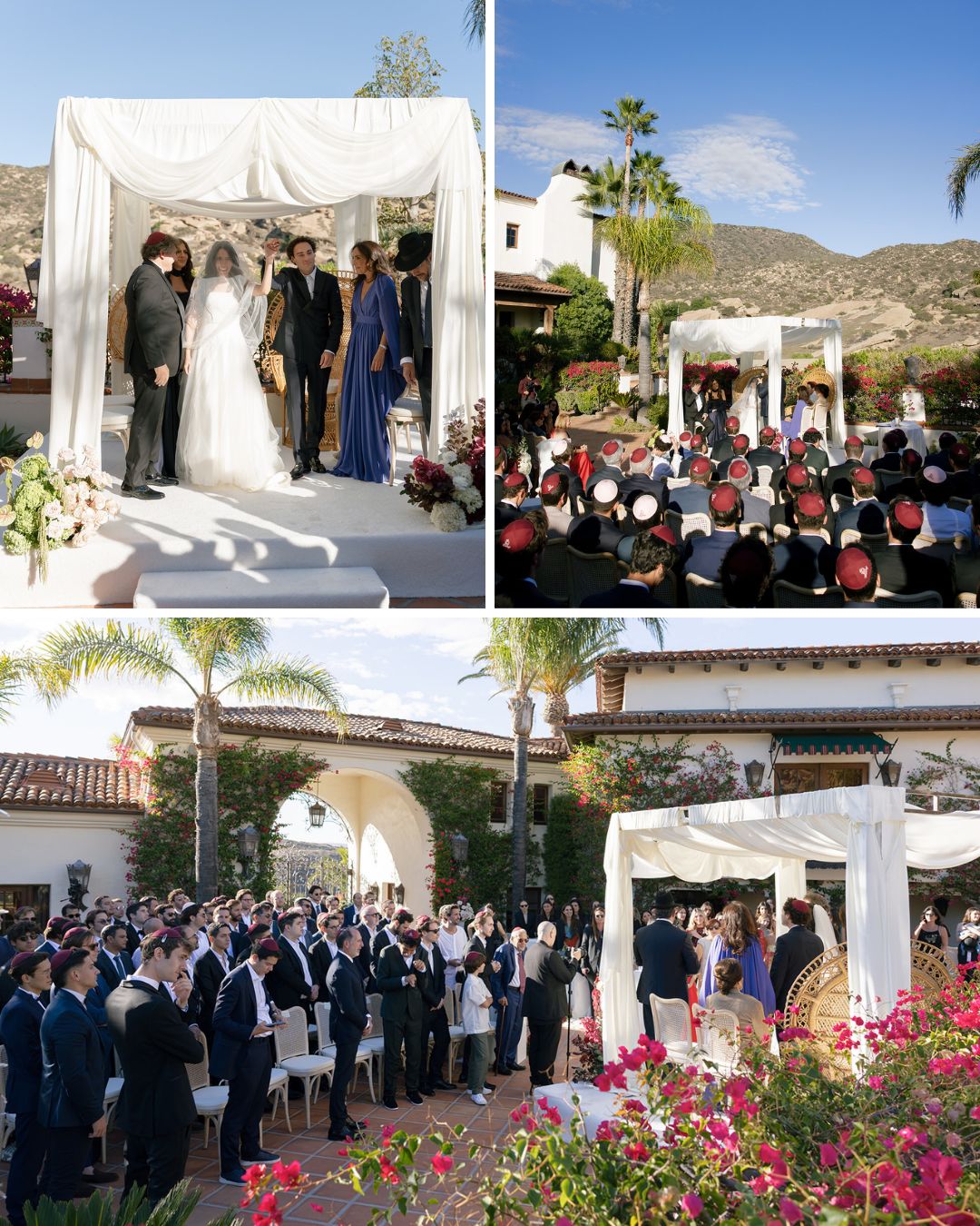 A wedding ceremony outdoors under a white canopy, with guests seated and the couple standing with officiants. The venue features palm trees, flowers, and mountainous scenery in the background.