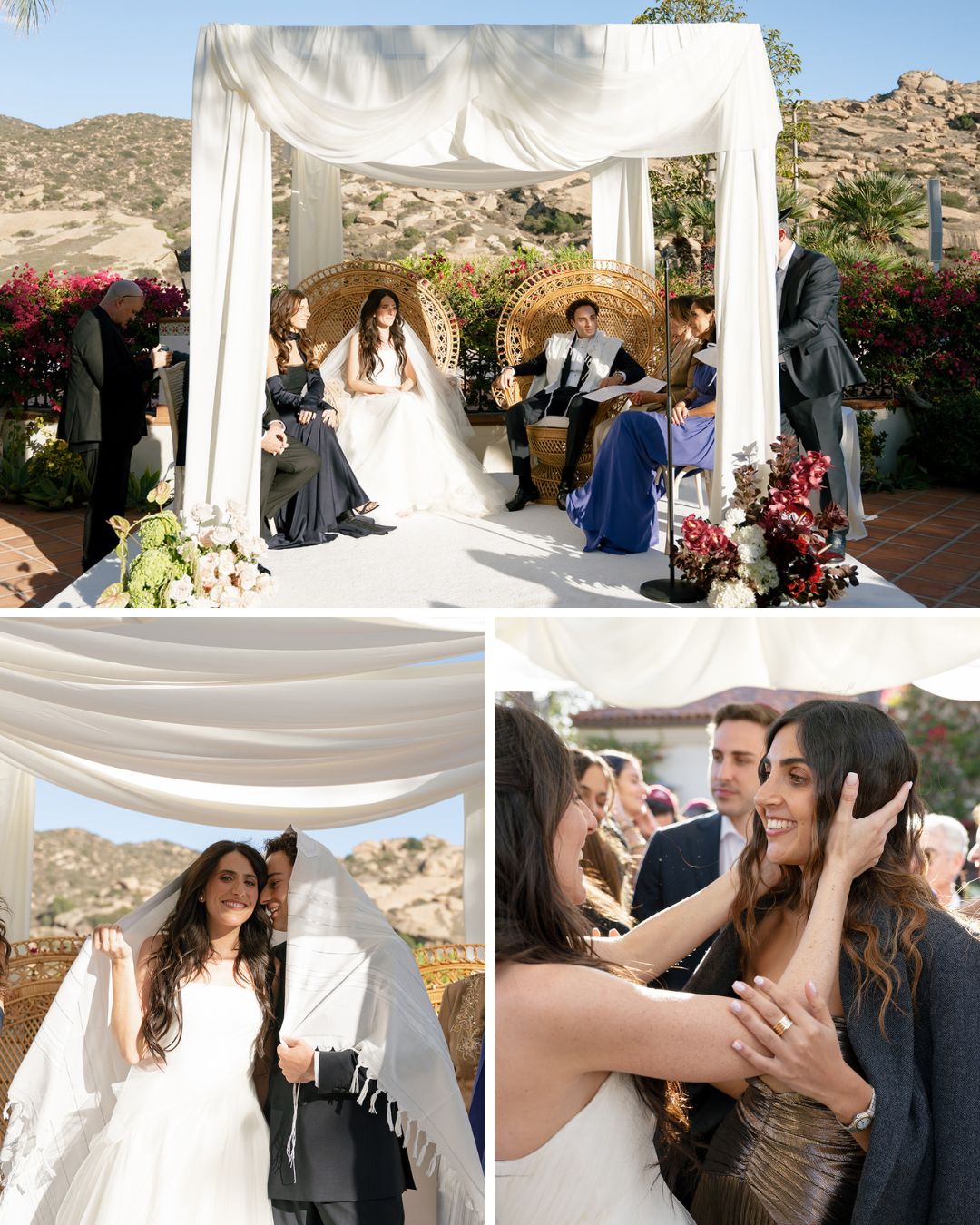 A wedding ceremony outdoors under a white canopy, with a bride and groom seated in traditional attire and guests participating in rituals.