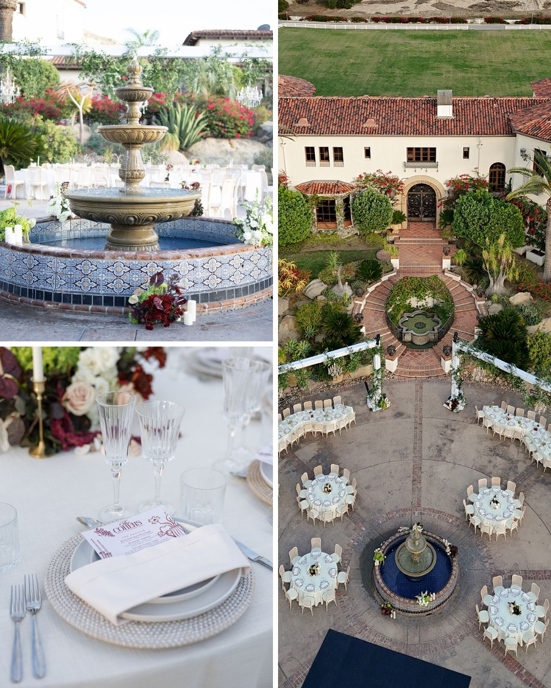 A courtyard with a central fountain, round tables set for an event, close-ups of table settings, and a Spanish-style building in the background.