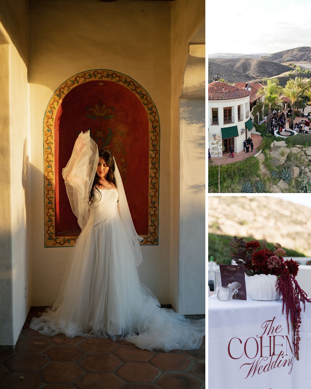 Bride in a white gown poses indoors; two side images show an outdoor wedding venue and a close-up of a floral arrangement beside a sign reading “The Colt Wedding.”.