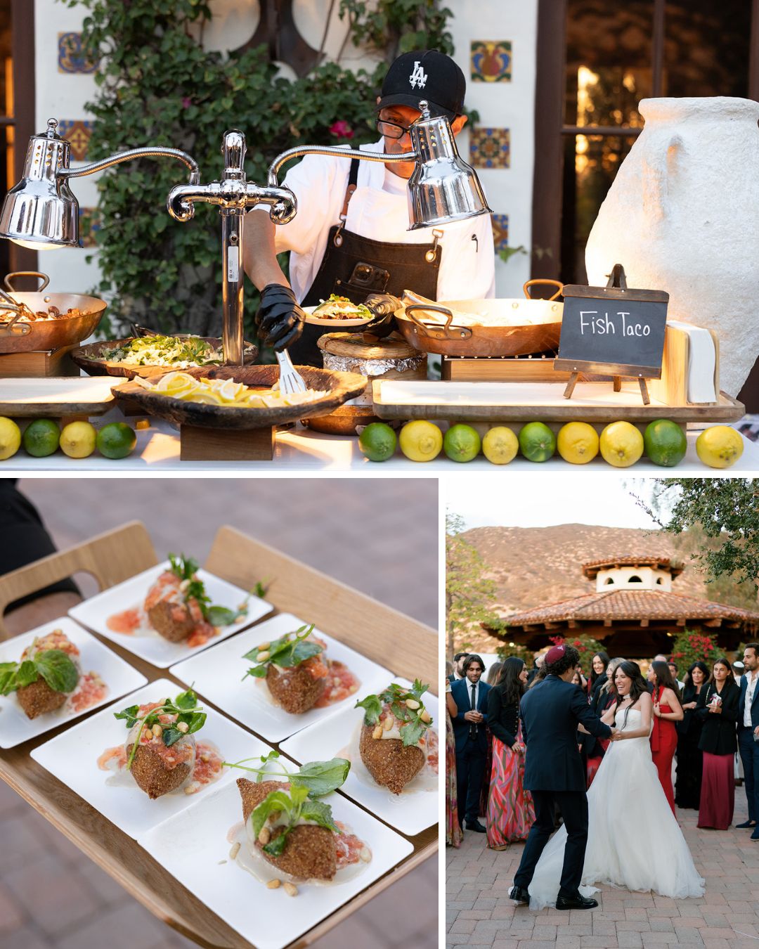 Outdoor wedding reception featuring a taco station, plated appetizers with greens, and a bride and groom dancing among guests in formal attire.