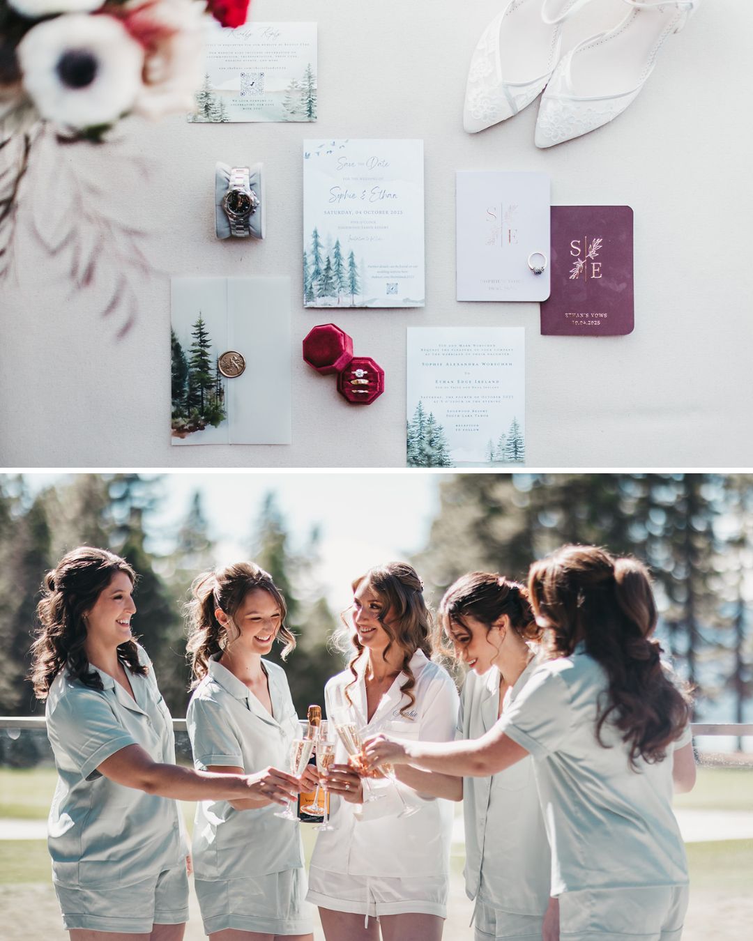 Flat lay of wedding items, shoes, and stationery above; below, five women in matching pajamas toast with drinks outdoors on a sunny day.