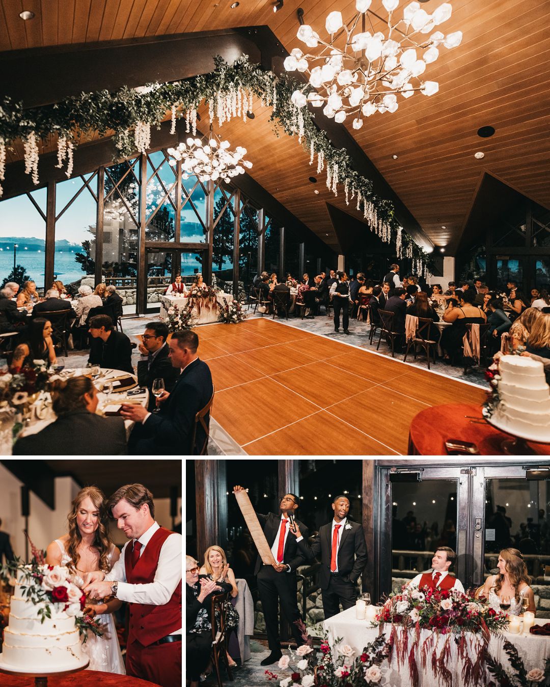A wedding reception with guests seated around a dance floor, a couple cutting cake, speeches, and the couple seated at a decorated table.