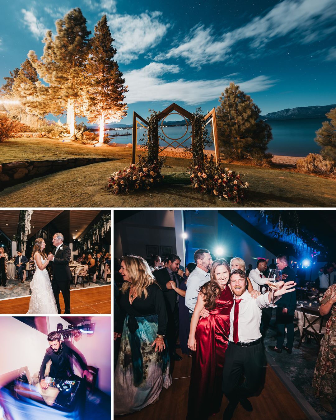 A decorated outdoor wedding arch at dusk; three smaller images below show guests dancing and celebrating at an indoor wedding reception.