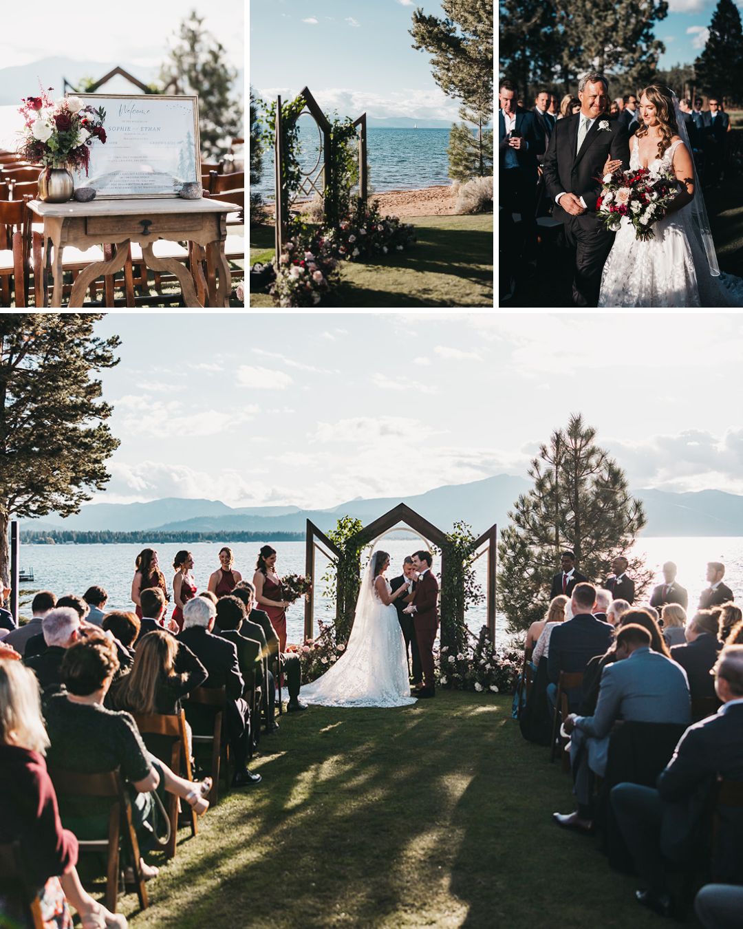 Outdoor lakeside wedding ceremony with guests seated, a couple at the altar, floral arrangements, and scenic mountain views under a clear sky.