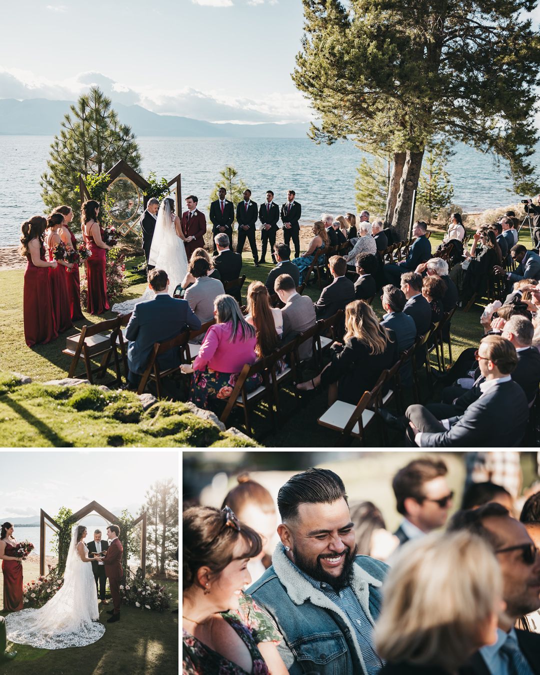 Outdoor lakeside wedding ceremony with guests seated on lawn, bridal party standing, and couple exchanging vows under a wooden arch; closeup photos show guests and the couple during the event.