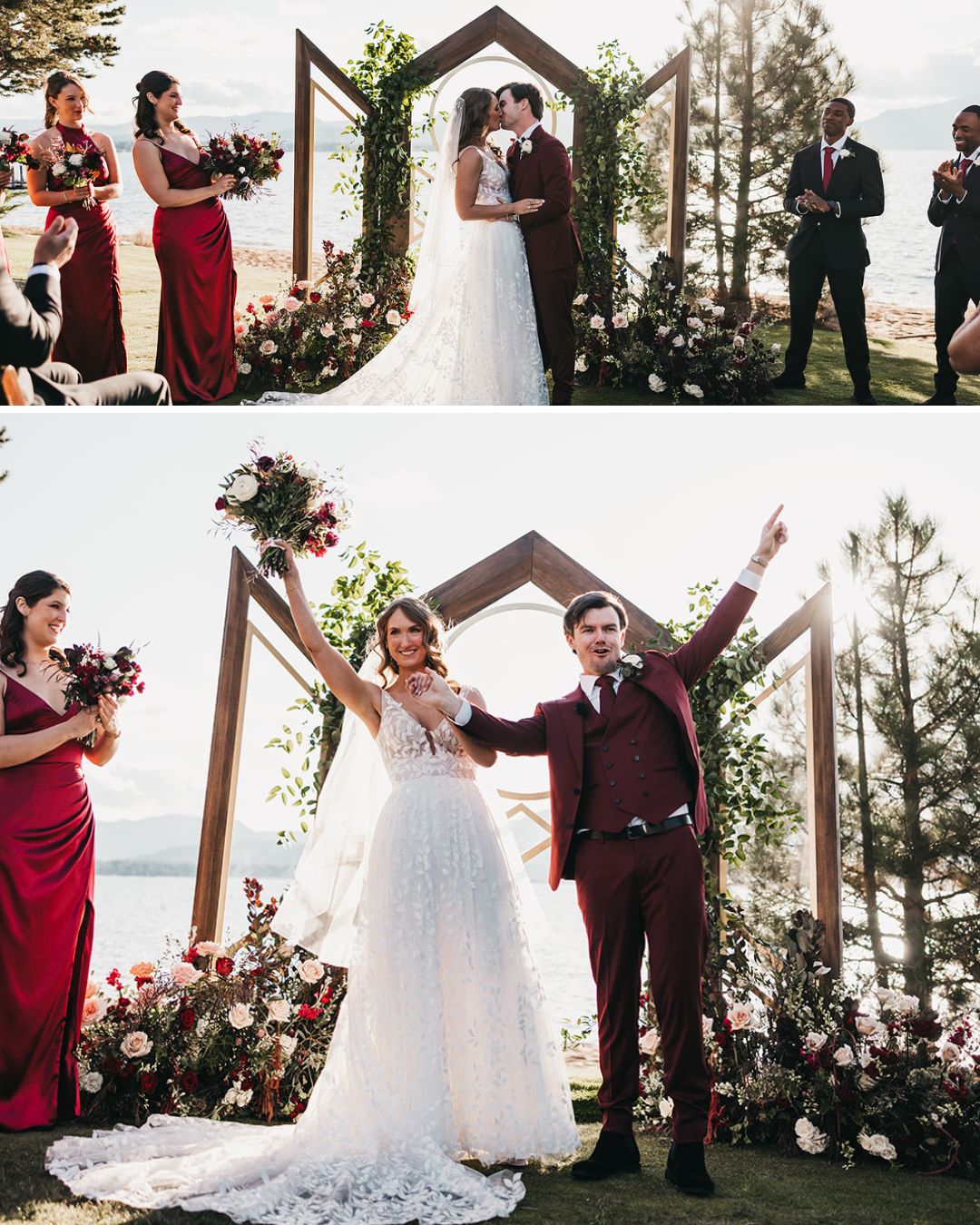 A bride and groom stand at an outdoor altar, surrounded by floral arrangements and attendants in red dresses, celebrating their wedding ceremony.