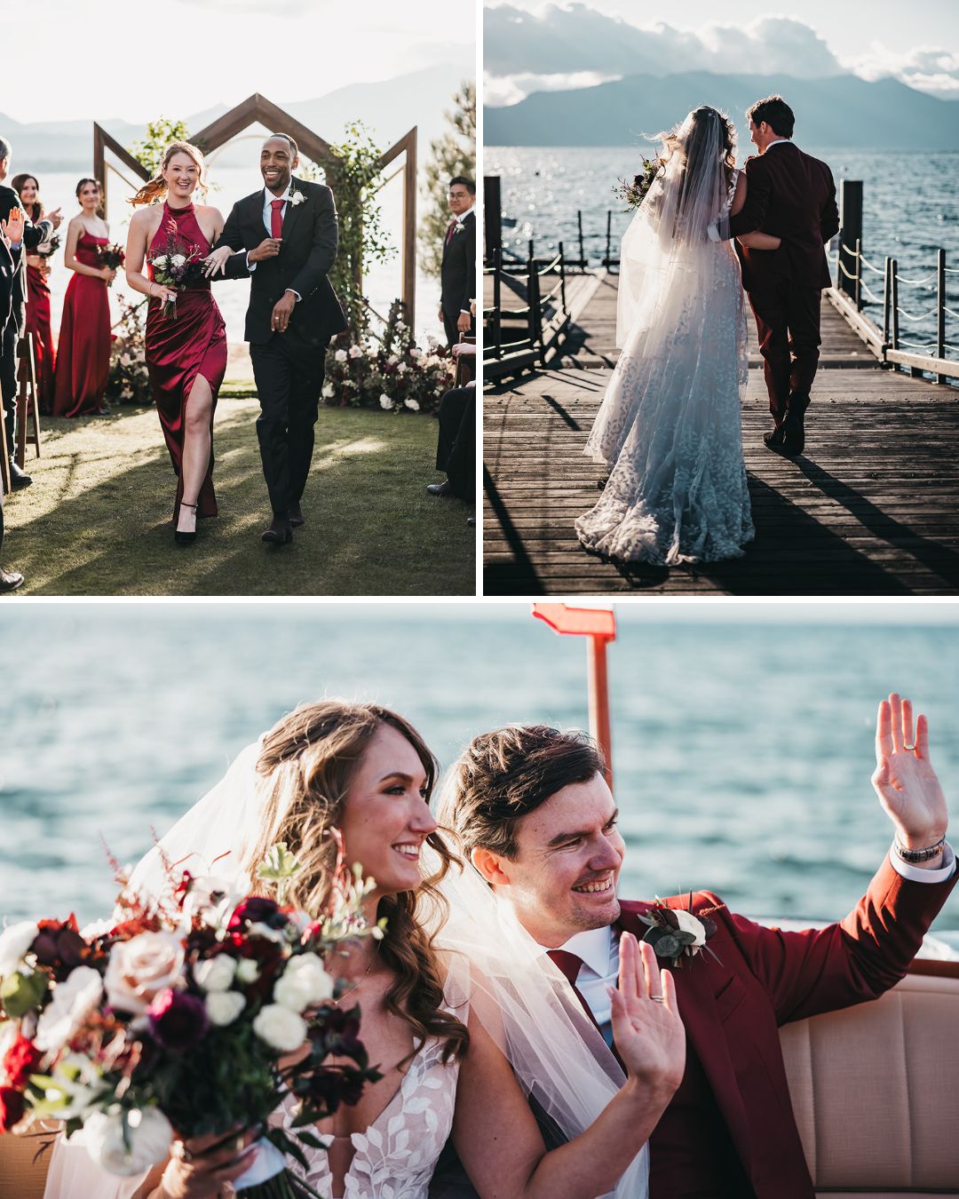 A bride and groom celebrate their lakeside wedding, walking the aisle, strolling on a dock, and waving while seated on a boat.