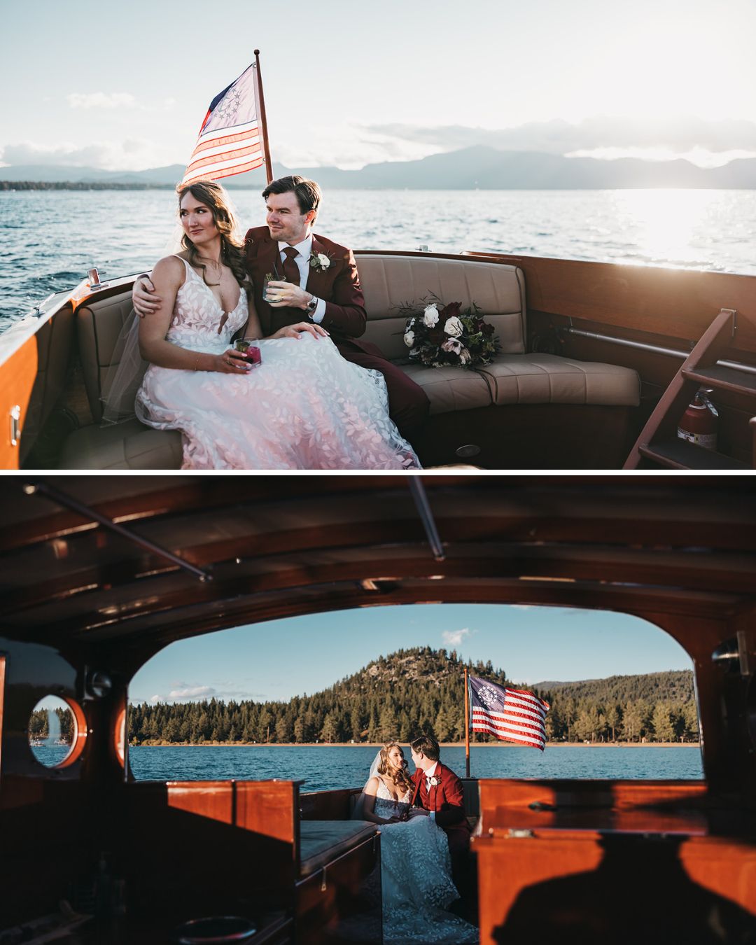 A bride and groom sit on a boat with an American flag, surrounded by water and mountains under a bright sky.