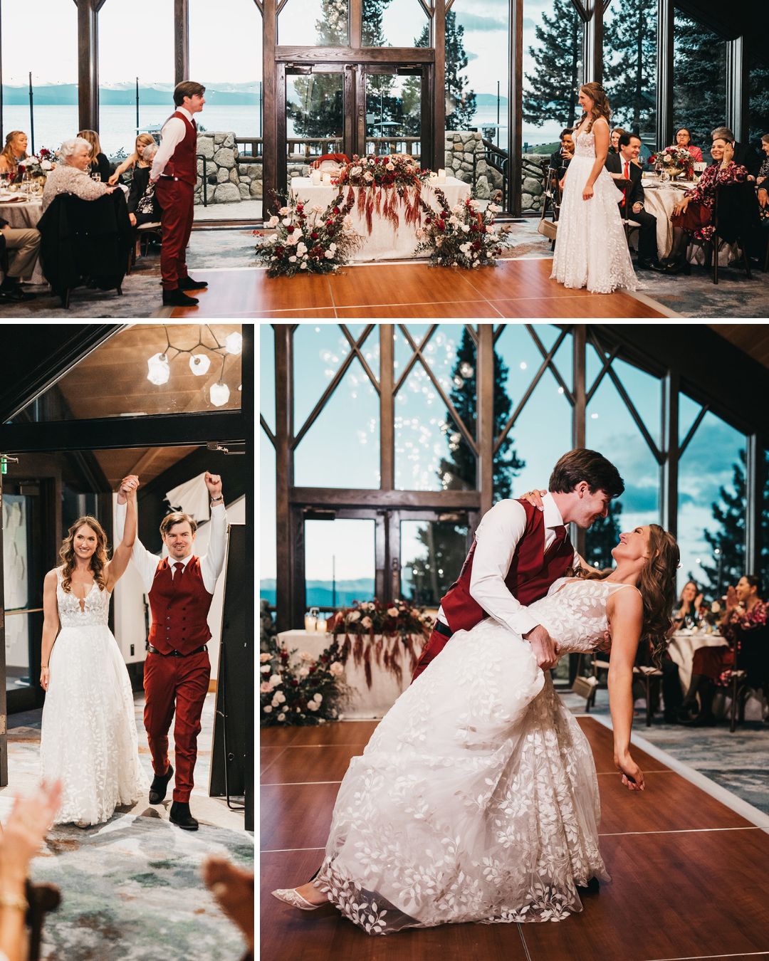 A bride and groom dance and celebrate at their wedding reception in a venue with large windows and a scenic outdoor view.