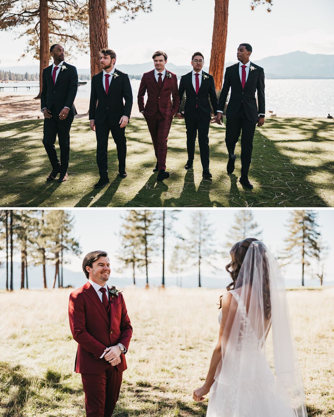Top: Five men in suits walk outdoors by a lake. Bottom: A groom in a red suit faces a bride in a white dress and veil with trees and a lake in the background.