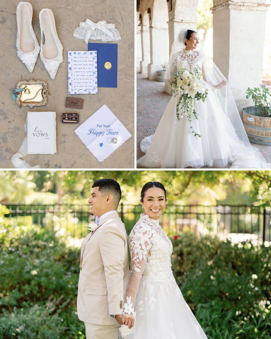 Collage with wedding accessories, a bride in a white gown holding a bouquet, and a couple standing back-to-back outdoors in wedding attire.