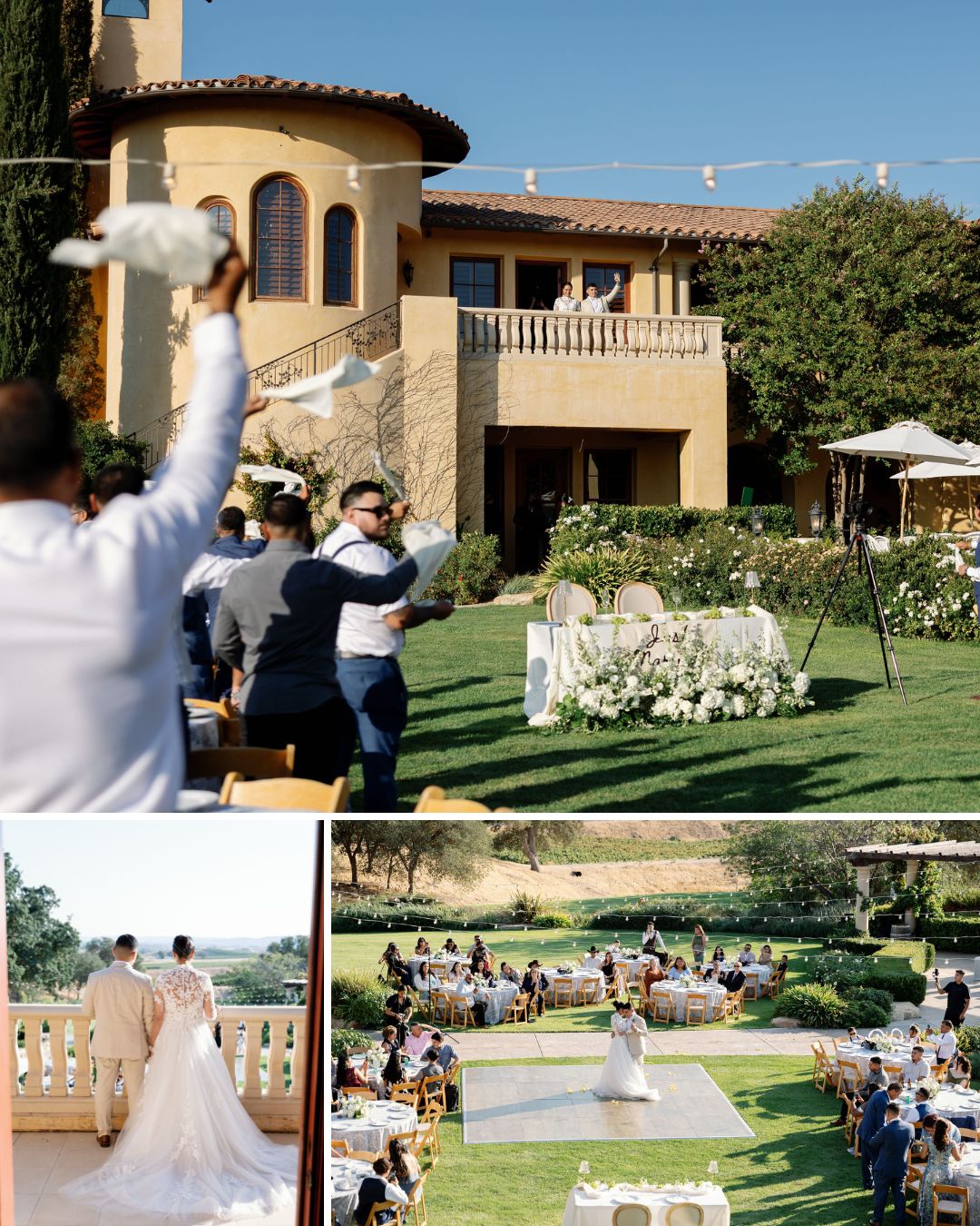 A wedding ceremony takes place outdoors near a large villa, with guests seated on a lawn and the couple standing on a decorated platform.