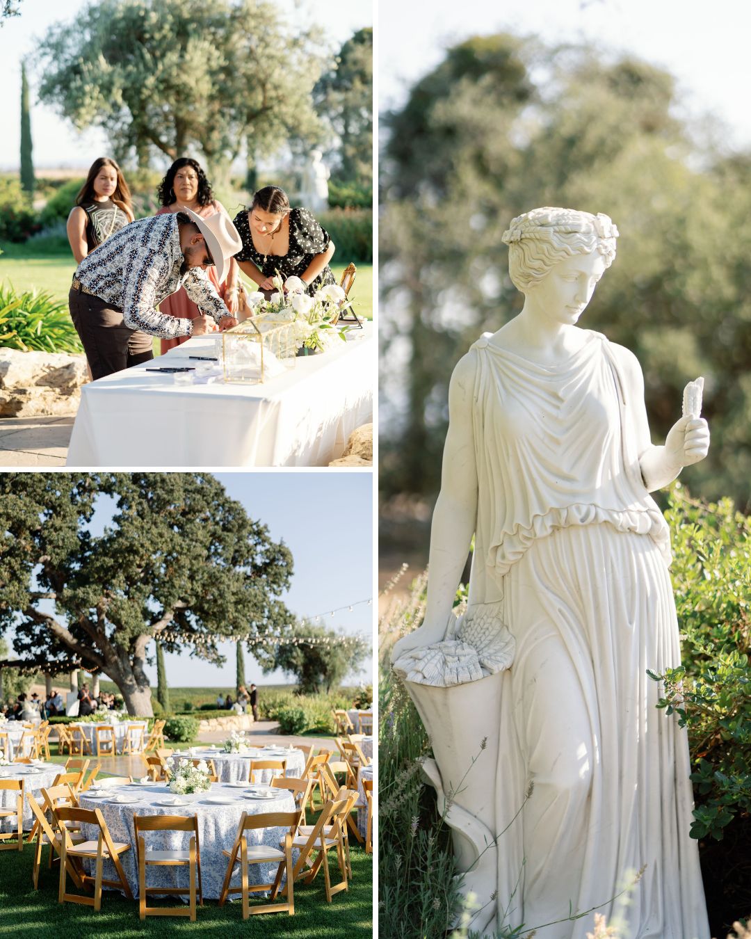 A collage shows people setting a table, a white Greek-style statue holding a scroll, and round tables with wooden chairs arranged outdoors under a large tree.