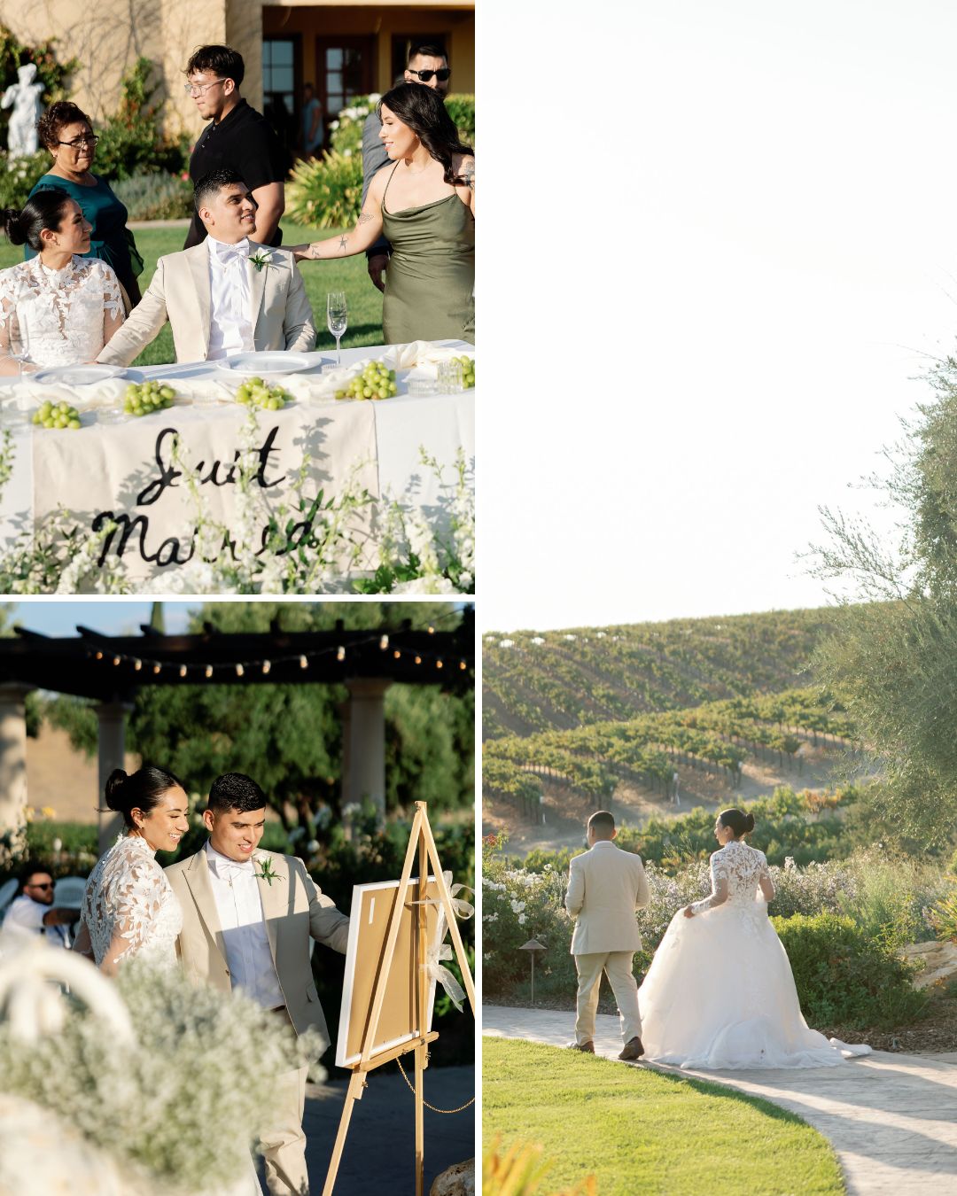 A collage of three wedding photos: newlyweds at a table, the couple viewing an easel, and the bride and groom walking outdoors under sunny skies.