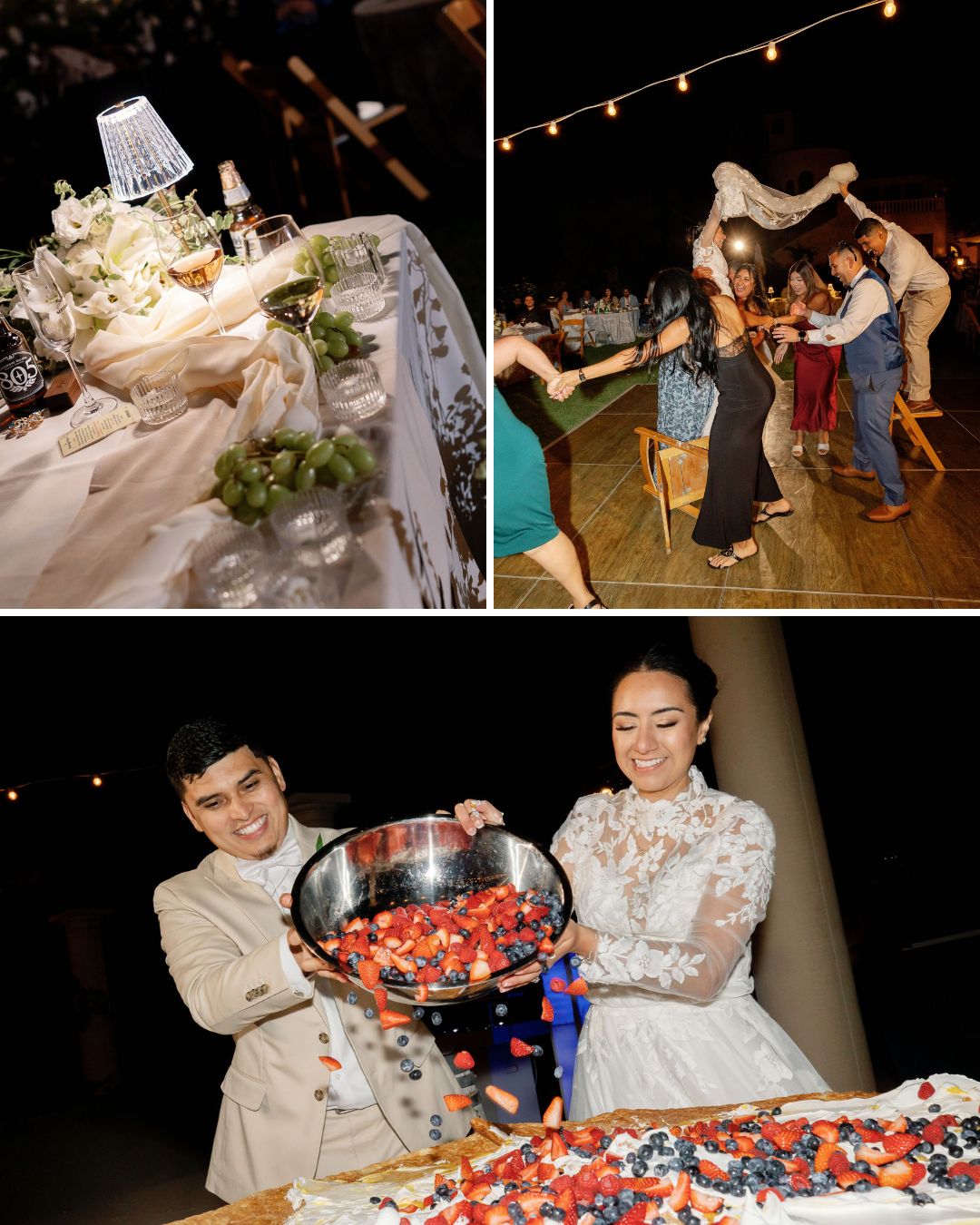 Collage of three wedding scenes: a decorated table, guests dancing under string lights, and a couple in formal attire pouring fruit onto a large dessert.