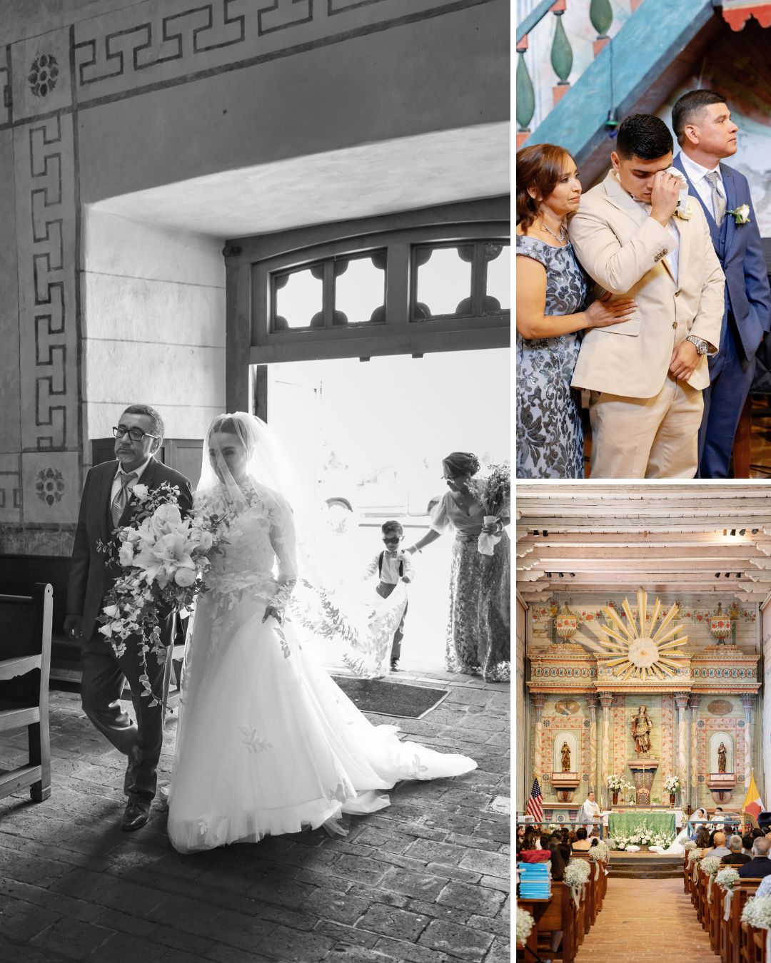 A bride walks down the aisle with an older man; guests, including emotional men, watch in a decorated church interior.