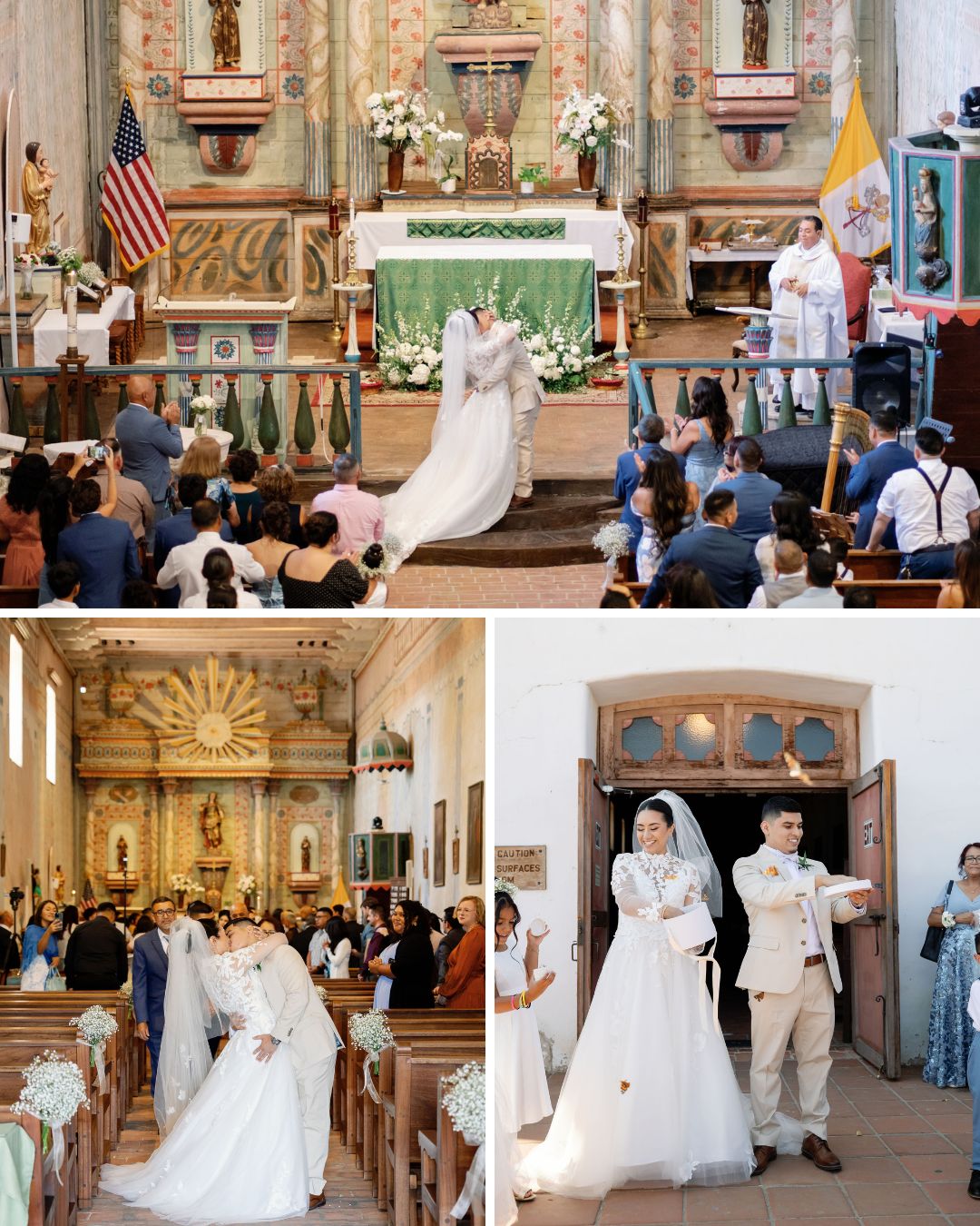 Three photos show a wedding ceremony: a couple at the altar, walking down the aisle, and exiting the church in wedding attire, with guests present.