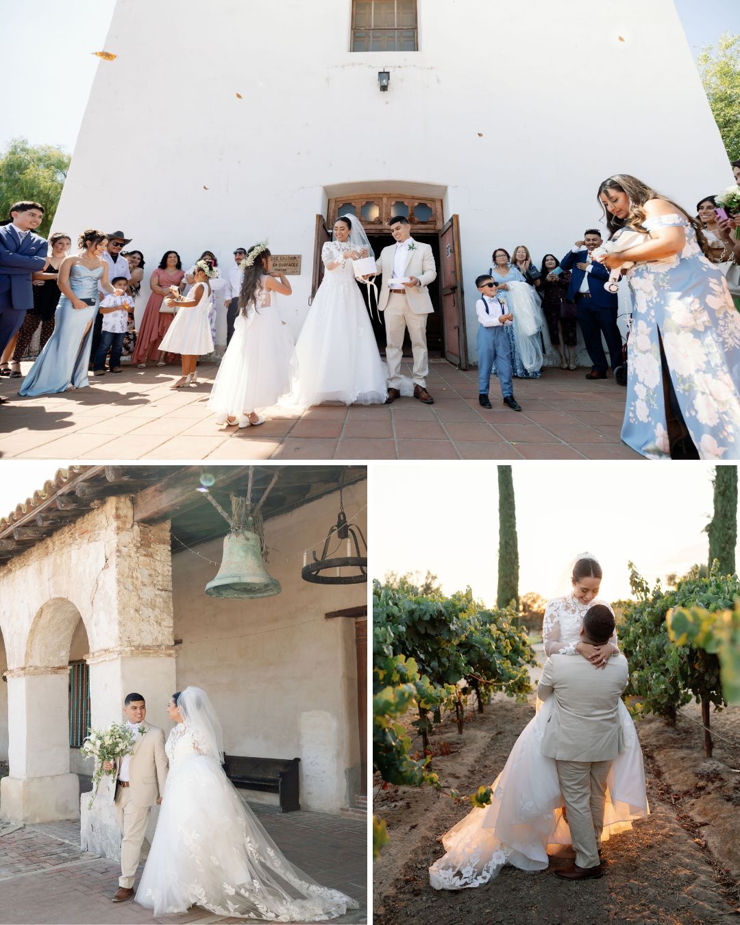 Three wedding scenes: a group gathers outside a white building, a couple poses near a bell, and the same couple embraces in a vineyard.