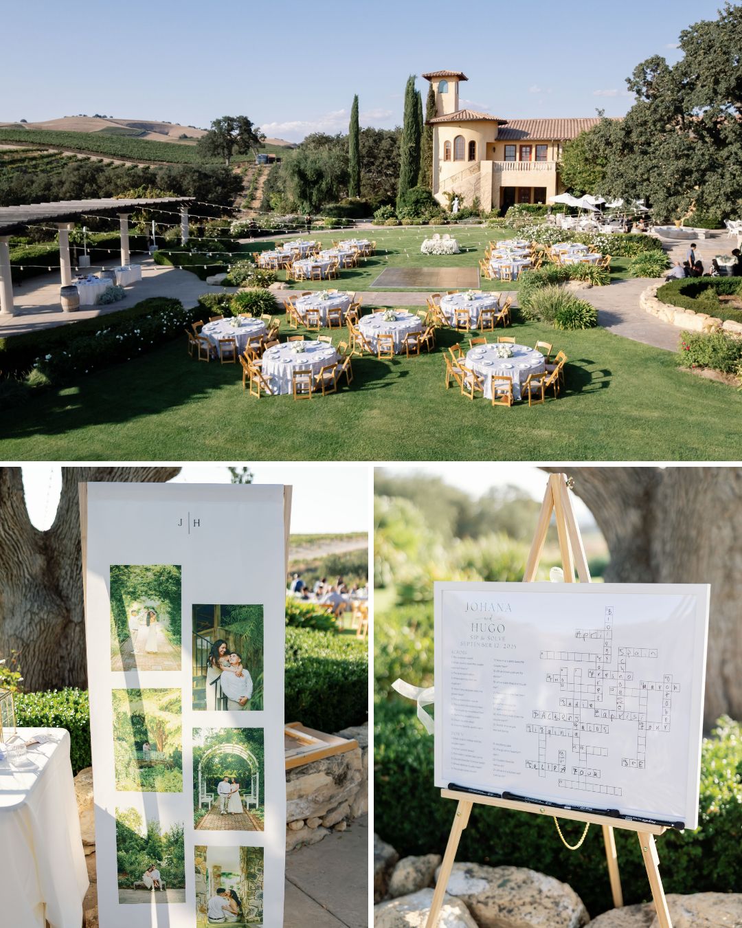An outdoor wedding setup on a lawn with round tables, surrounded by gardens; includes close-ups of a photo display and a seating chart on easels.