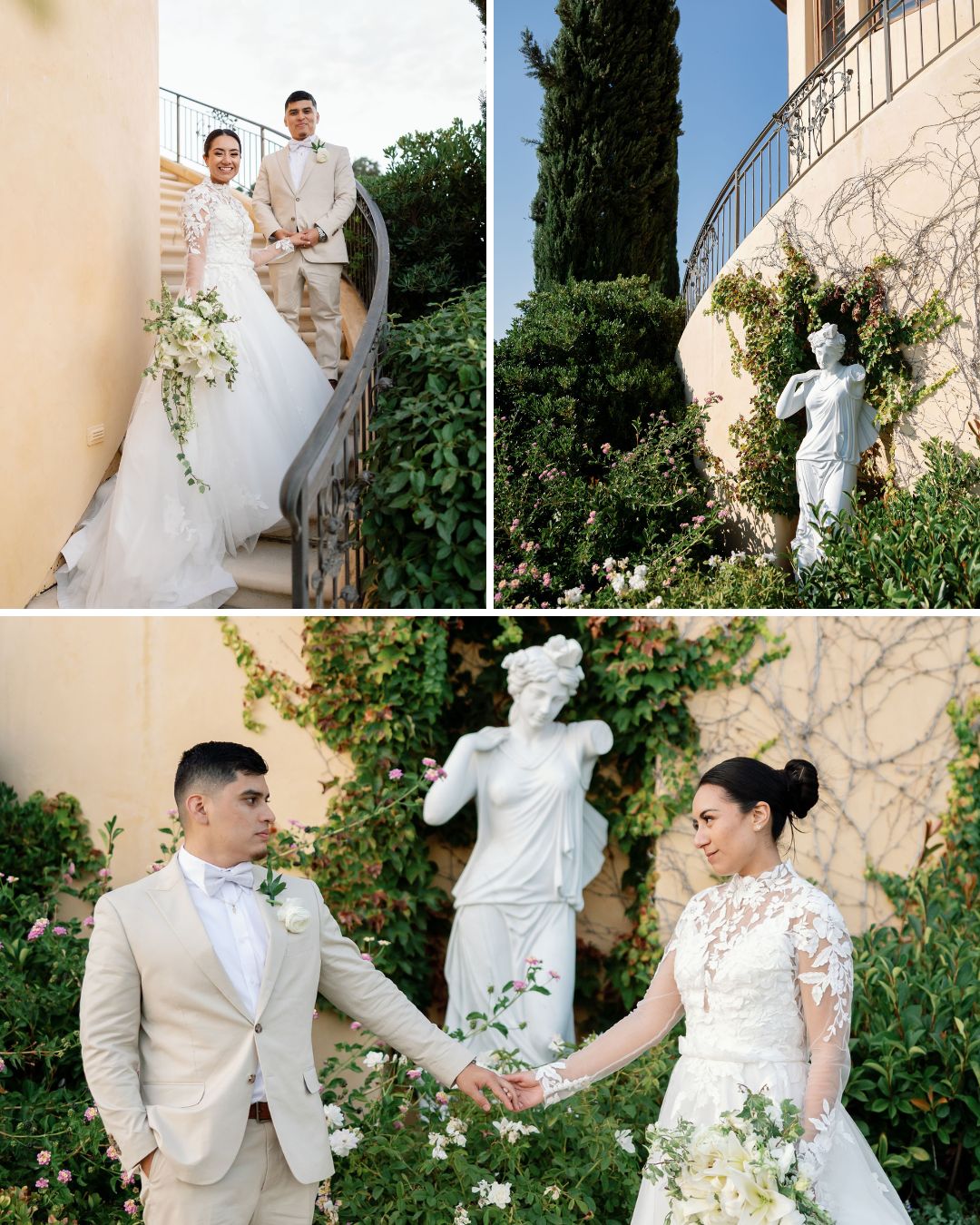 Bride and groom in formal attire pose by a spiral staircase and garden, with white statues and greenery in the background.