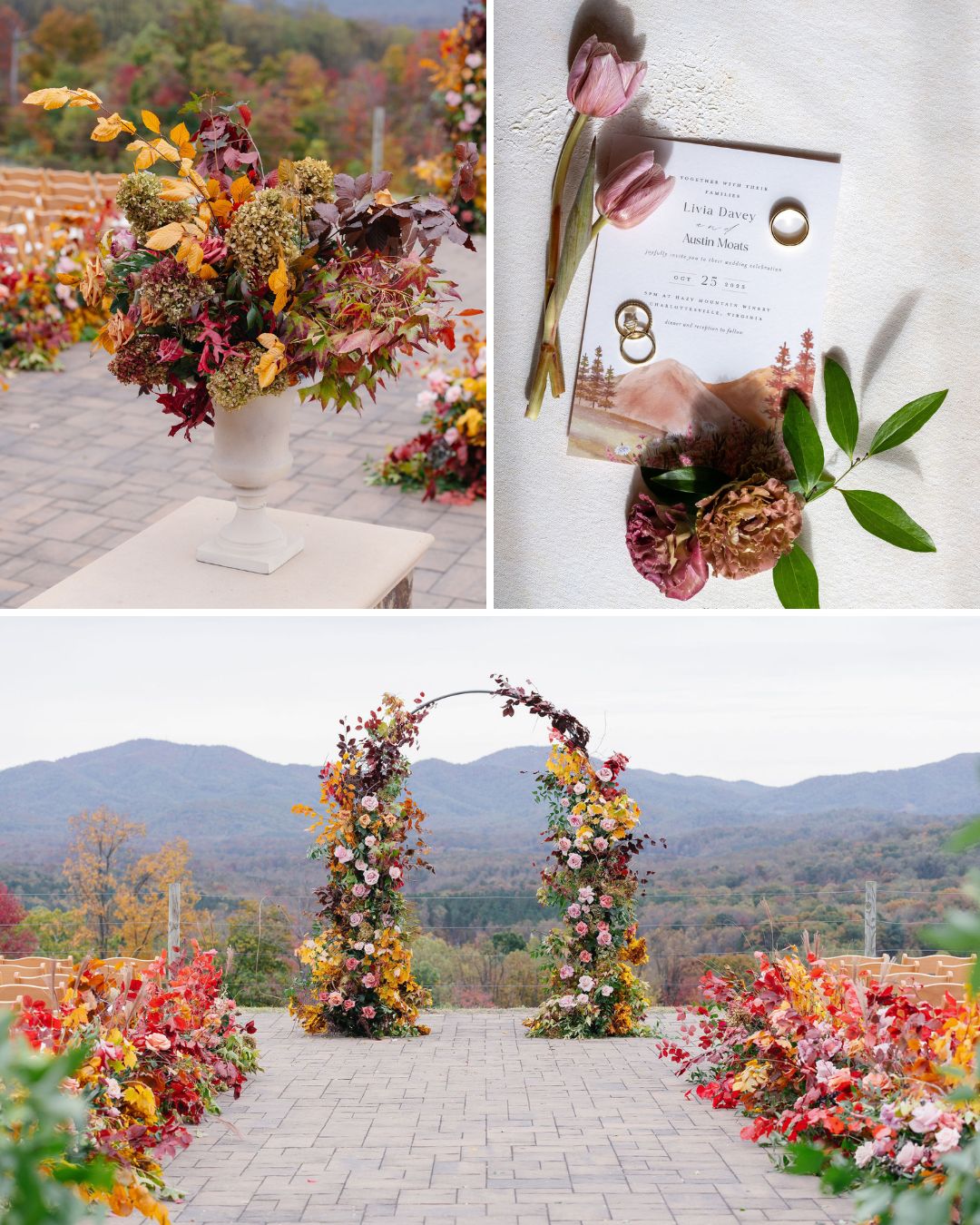Outdoor wedding setup with colorful floral arrangements, an arch with flowers, a white urn with flowers, and wedding invitations with rings and blooms. Mountain landscape in the background.