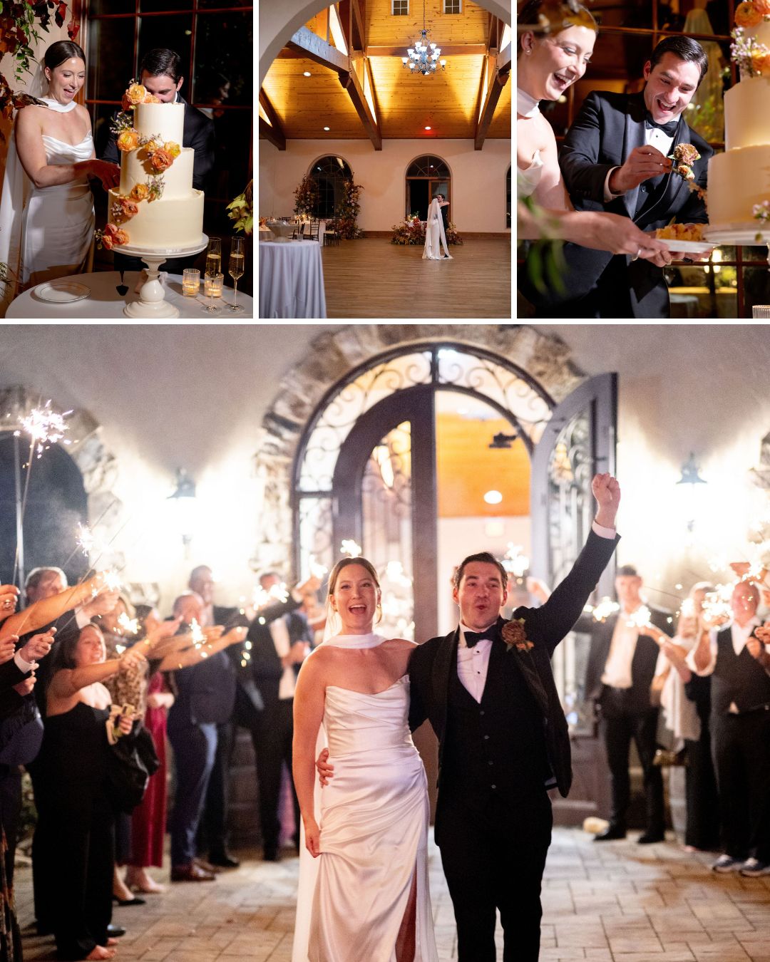 Bride and groom cut their wedding cake and celebrate with guests holding sparklers outside a venue with arched doors and warm lighting.