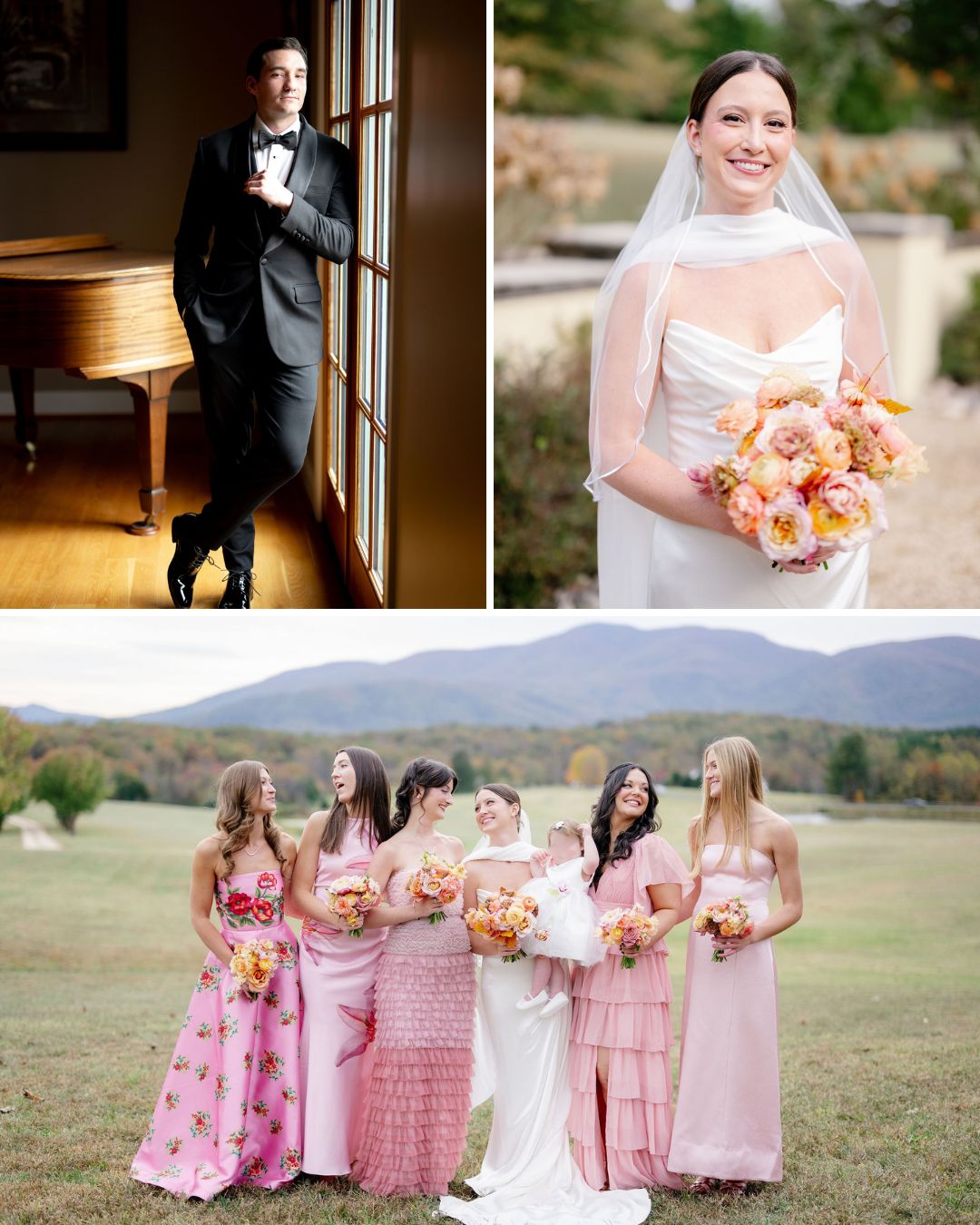 A man in a tuxedo, a bride holding a bouquet, and six women in pink dresses standing outside with mountains in the background.