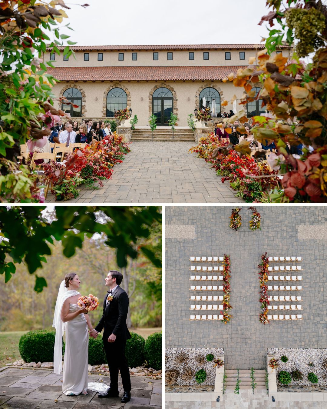 Outdoor wedding ceremony setup with autumn-inspired floral arrangements, and a couple in wedding attire standing together in a garden.
