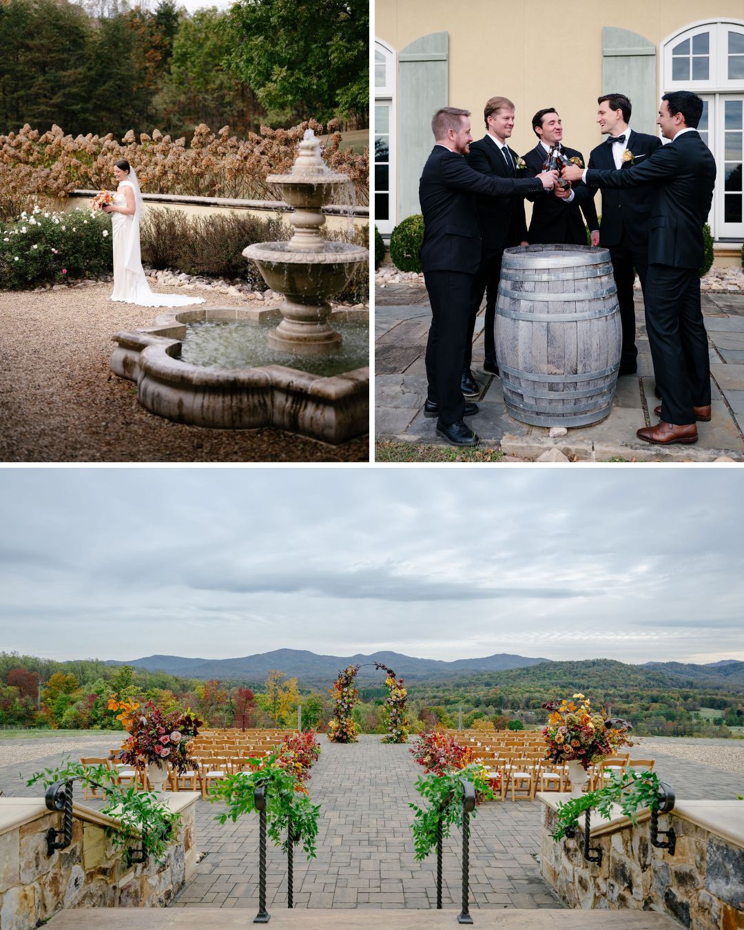 A bride stands by a fountain, five men in suits toast by a wine barrel, and decorated chairs face a scenic outdoor view with hills and greenery.
