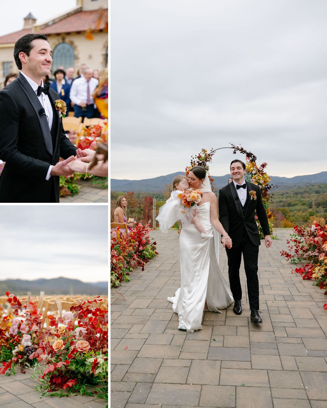 A bride and groom walk down an outdoor aisle lined with autumn flowers, with mountains in the background; two smaller images show the groom and floral arrangements.
