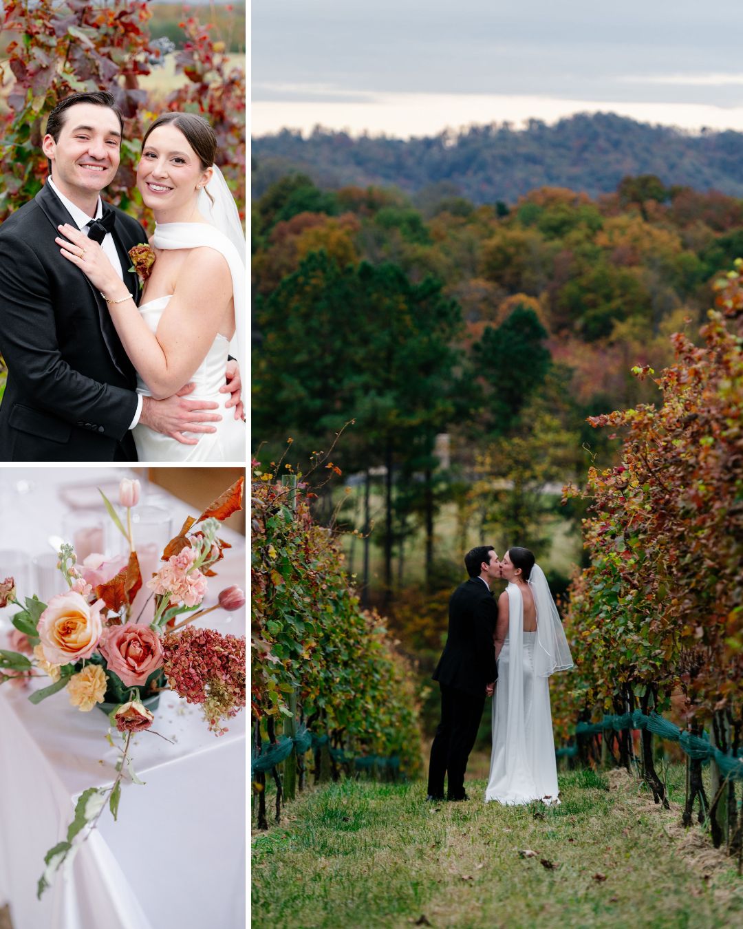 A bride and groom pose at a vineyard wedding, featuring a close-up of floral arrangements, and the couple kissing among grapevines with a scenic, hilly background.
