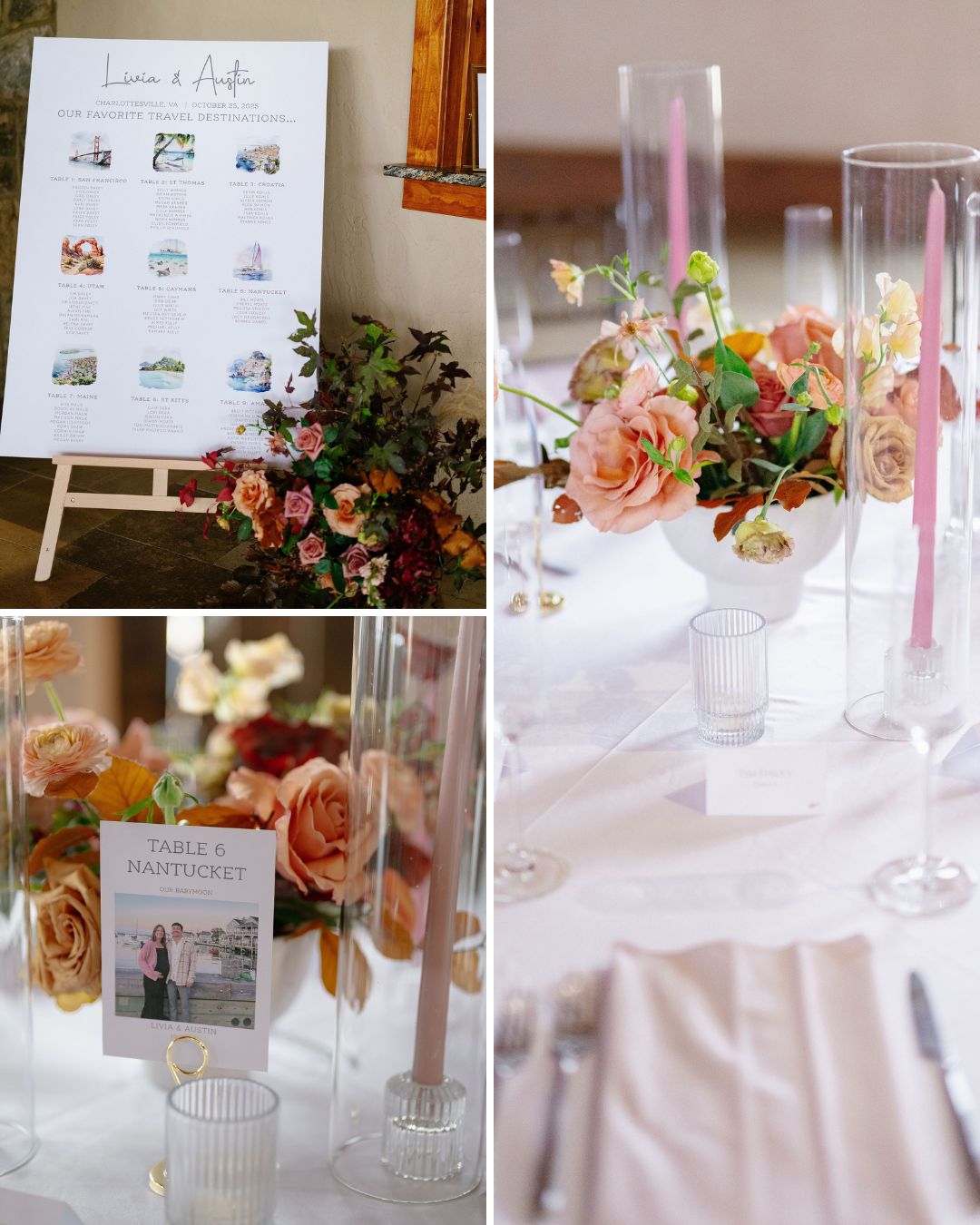 A wedding seating chart on an easel with flowers, and close-ups of table centerpieces featuring flowers, candles, and table cards.