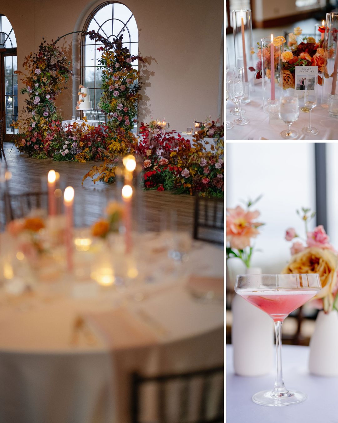Elegant indoor event with floral arches, candlelit tables, and pink cocktails, featuring pastel flowers and soft lighting.
