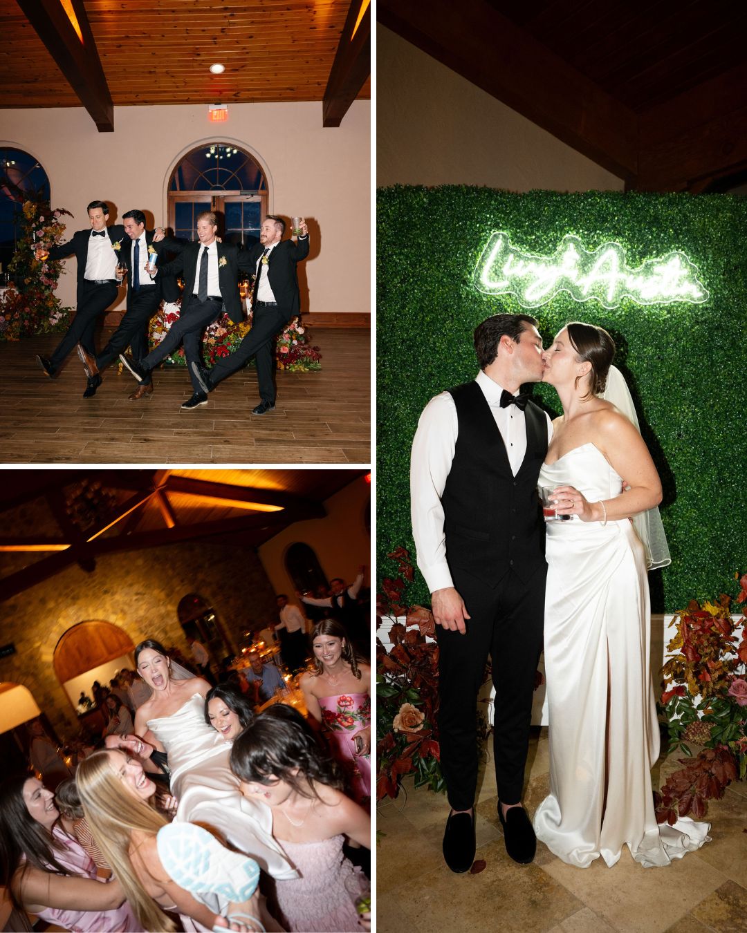 A bride and groom kiss by a green backdrop; guests dance and celebrate at an indoor wedding reception.