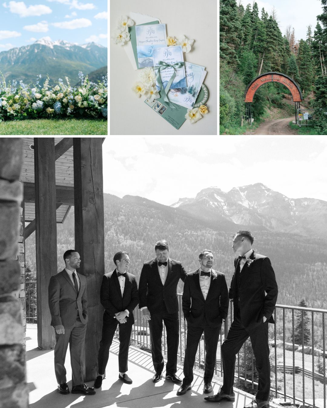 Mountain wedding collage: floral ceremony setup, wedding invitations with flowers, forest path with red bridge, five men in suits posing on a balcony with snowy mountains in the background.