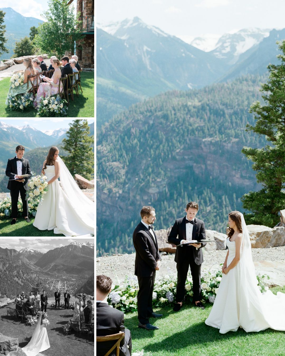 A couple exchanges vows in an outdoor mountain wedding ceremony with guests seated nearby, surrounded by scenic views and greenery.