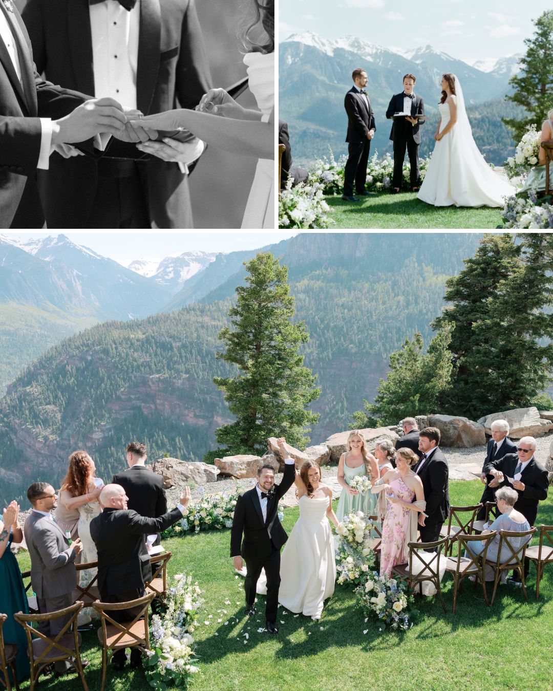A wedding ceremony outdoors in the mountains with guests seated on the lawn, the couple exchanging vows, and a close-up of exchanging rings.